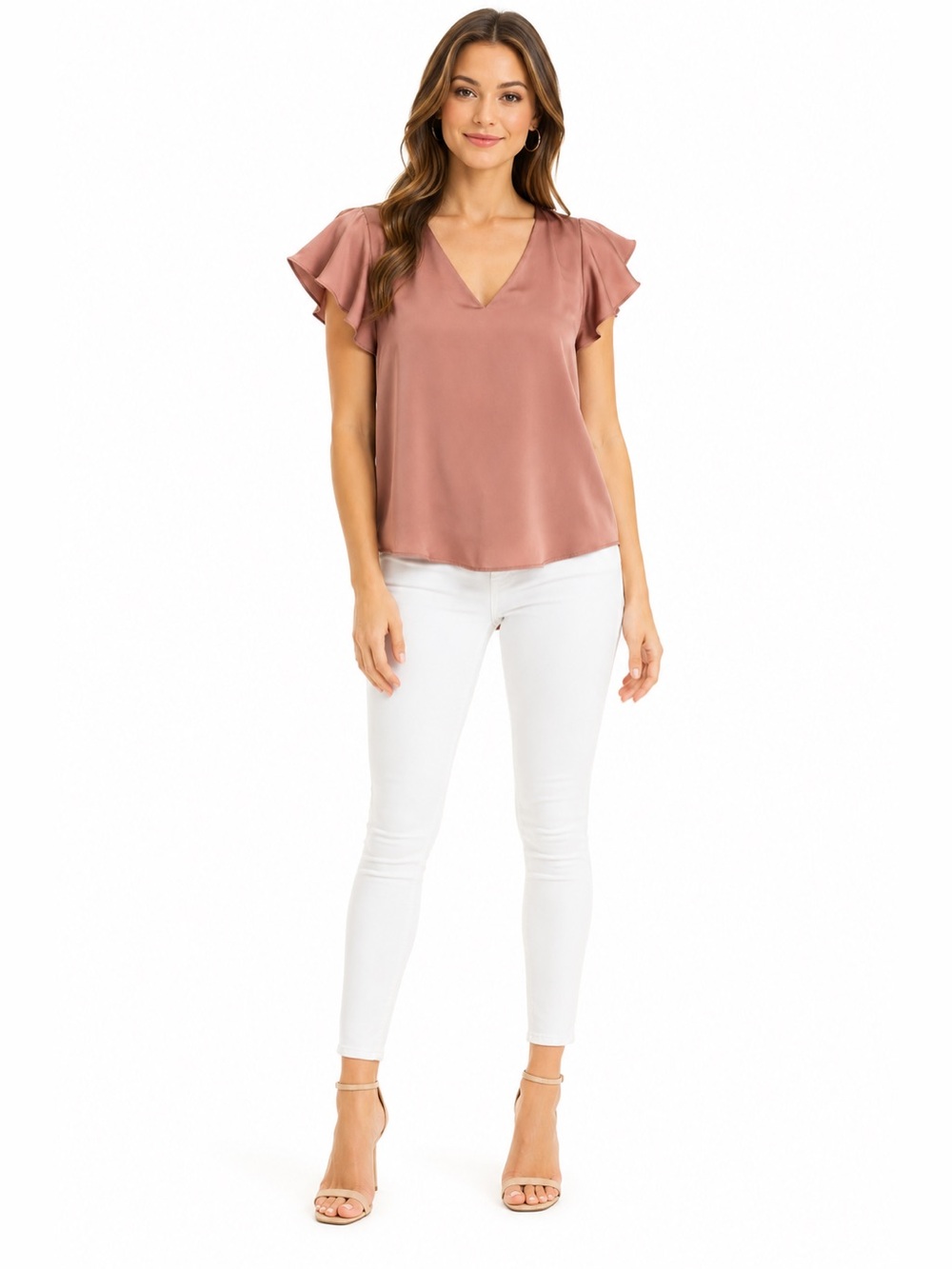 White House Black Market Dusty Rose Flutter Sleeve V Neck Blouse 6 Pink Silky
